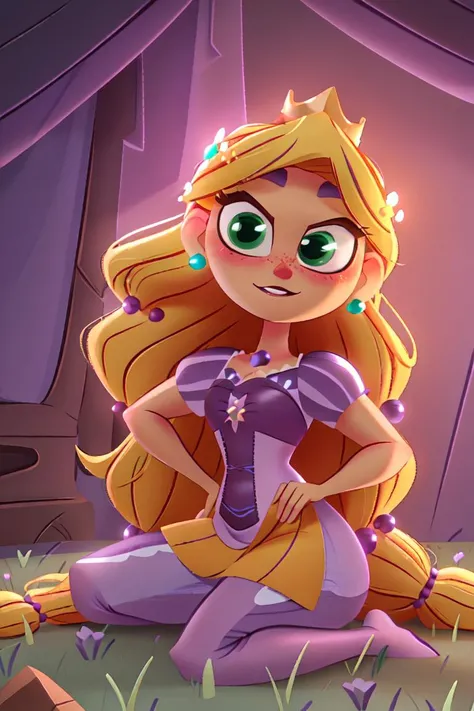 (rapunzel:1), (portrait:1.2), (3d character), (purple princess dress:1.5), (long hair, blonde hair, green eyes:1), (loose hair:1.5), ((green eyes)), (dress:1), (long dress), cartoony facial features, large round eyes, blonde hair, (realistic:1.2), (masterpiece:1.2), (full-body-shot:1),(Cowboy-shot:1.2), green grass, dandelions, light particles, magical background, neon lighting, dark romantic lighting, (highly detailed:1.2),(detailed face:1.2), (gradients), colorful, detailed eyes, (detailed landscape:1.2), (natural lighting:1.2),(detailed background),detailed landscape, (dynamic pose:1.2), close shot, solo, <lora:Rapunzel_v22:0.8> <lora:add_detail:0.05> <lora:hipoly3DModelLora_v10:0.05> <lora:RSERomantic_RSESofiko_RSEEmma-v1:0.1>