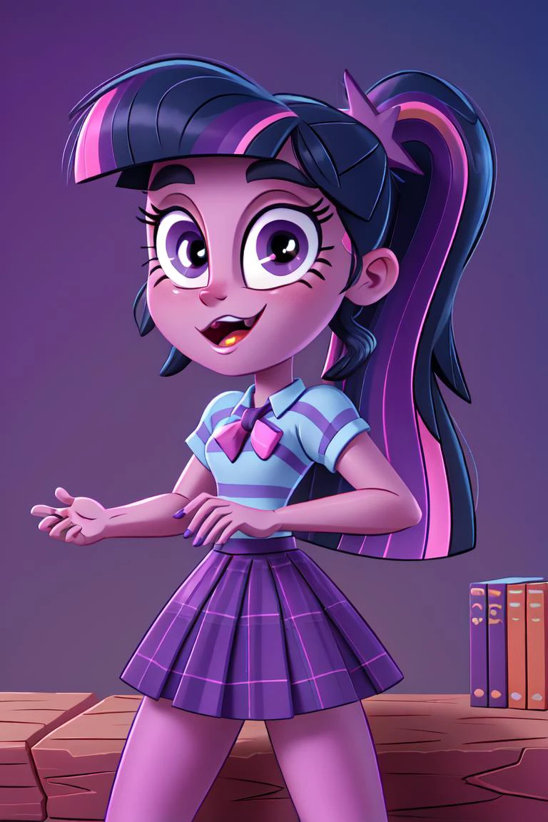(mlptwilight:1.2), (pink skin), (long hair, ponytail, straight hair, black hair with purple and pink strips, bangs:1.0), striped shirt, purple skirt, pink neck bow, purple eyes, long hair, library, (realistic:1.2), (masterpiece:1.2), (full-body-shot:1),(Cowboy-shot:1.2), neon lighting, dark romantic lighting, (highly detailed:1.2),(detailed face:1.2), (gradients), colorful, detailed eyes, (detailed landscape:1.2), (natural lighting:1.2),(detailed background), detailed landscape, (cute pose:1.2), solo, <lora:mlp_twilightsparkle-10:0.85> <lora:add_detail:0.15> <lora:hipoly3DModelLora_v10:0.05> <lora:RSERomantic_RSESofiko_RSEEmma-v1:0.1> <lora:BeautifulEyes:0.6> <lora:CharacterDesign_Concept-10:0> <lyco:coloredSkin-08:0.35>