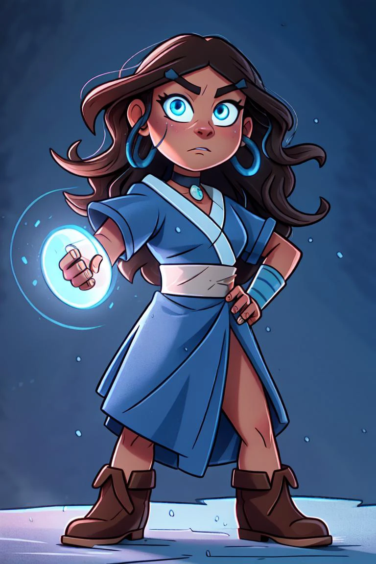 (katara:1.2), dark skin, dark-skinned female, blue eyes, brown hair, (wavy hair, hair down, long hair:1.2), choker, (blue outfit, blue robe), snowing, snowy background, winter (realistic:1.2), (masterpiece:1.2), (full-body-shot:1),(Cowboy-shot:1.2), neon lighting, dark romantic lighting, (highly detailed:1.2),(detailed face:1.2), (gradients), colorful, detailed eyes, (detailed landscape:1.2), (natural lighting:1.2),(detailed background), detailed landscape, (dynamic pose:1.2), (solo, one person, one subject:1.5), <lora:KataraV2:0.6> <lora:add_detail:0.15> <lora:hipoly3DModelLora_v10:0.05> <lora:RSERomantic_RSESofiko_RSEEmma-v1:0.1> <lora:BeautifulEyes:0.65> <lyco:coloredSkin-08:0.3>