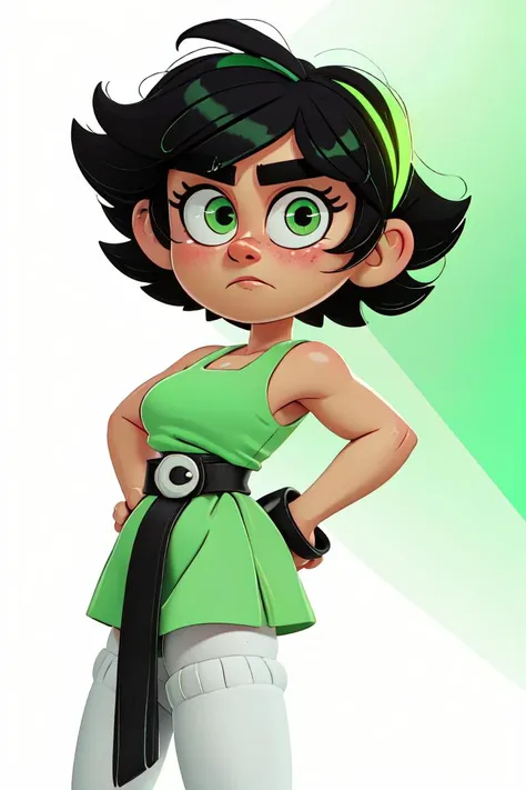 (Buttercup:1.0), (black hair, green eyes, short hair, messy hair:1.2), (dress, light-green sleeveless dress, simple black belt, white thighhighs:1.5), (white background:1.5), (realistic:1.2), (masterpiece:1.2), (full-body-shot:1),(Cowboy-shot:1.2), neon lighting, dark romantic lighting, (highly detailed:1.2),(detailed face:1.2), (gradients), colorful, detailed eyes, (detailed landscape:1.2), (natural lighting:1.2), (cute pose:1.2), (solo, one person, 1girl:1.5), standing, <lora:Buttercup-09:0.9>  <lora:add_detail:0.15> <lora:hipoly3DModelLora_v10:0.05> <lora:RSERomantic_RSESofiko_RSEEmma-v1:0.1> <lora:BeautifulEyes:0.65>