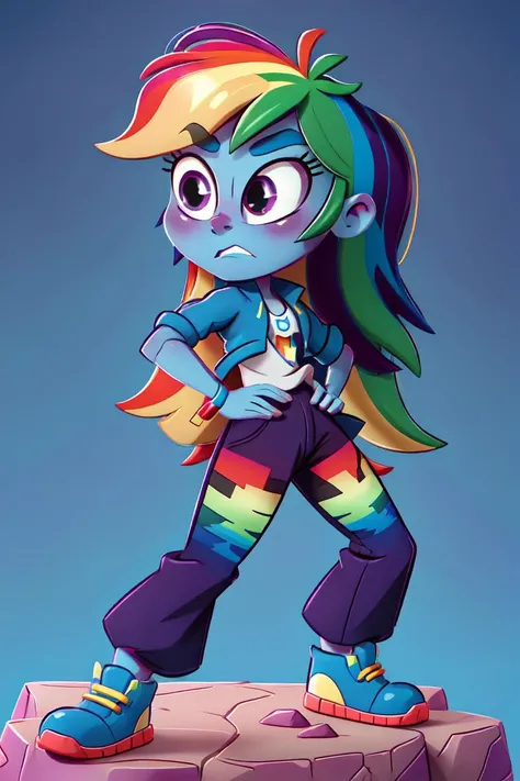 (mlpdash:1.2), (colored skin, blue skin:1.5), (rainbow hair:1.5), (purple eyes, pink blush, long hair, side bangs:1.2), (blue cropped jacket, pants, shirt, rainbow details on pants:1.2), sporty, cloud background, (realistic:1.2), (masterpiece:1.2), (full-body-shot:1.2),(Cowboy-shot:1.2), neon lighting, dark romantic lighting, (highly detailed:1.2),(detailed face:1.2), (gradients), colorful, detailed eyes, (detailed landscape:1.2), (natural lighting:1.2),(detailed background), detailed landscape, (dynamic pose:1.2), solo, close up, <lora:mlp_rainbowdash-10:0.85> <lora:add_detail:0.15> <lora:hipoly3DModelLora_v10:0.05> <lora:RSERomantic_RSESofiko_RSEEmma-v1:0.1> <lora:BeautifulEyes:0.65> <lora:CharacterDesign_Concept-10:0> <lyco:coloredSkin-08:0.3>