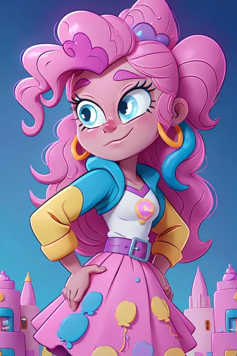 (mlppinkiepie:1.2), (colored skin, pink skin:1.5), (pink hair:1.5), (blue eyes, puffy hair, coil curls, side part, bangs:1.2), (white top with blue jacket, pink puffy skirt, purple belt, rainbow confetti details on skirt:1.2), confetti, party theme, candy, (realistic:1.2), (masterpiece:1.2), (full-body-shot:1.2),(Cowboy-shot:1.2), neon lighting, dark romantic lighting, (highly detailed:1.2),(detailed face:1.2), (gradients), colorful, detailed eyes, (detailed landscape:1.2), (natural lighting:1.2),(detailed background), detailed landscape, (cute pose:1.2), solo, close up, <lora:mlp_pinkiepie-11:0.85> <lora:add_detail:0.15> <lora:hipoly3DModelLora_v10:0.05> <lora:RSERomantic_RSESofiko_RSEEmma-v1:0.1> <lora:BeautifulEyes:0.65> <lora:CharacterDesign_Concept-10:0> <lyco:coloredSkin-08:0.3>