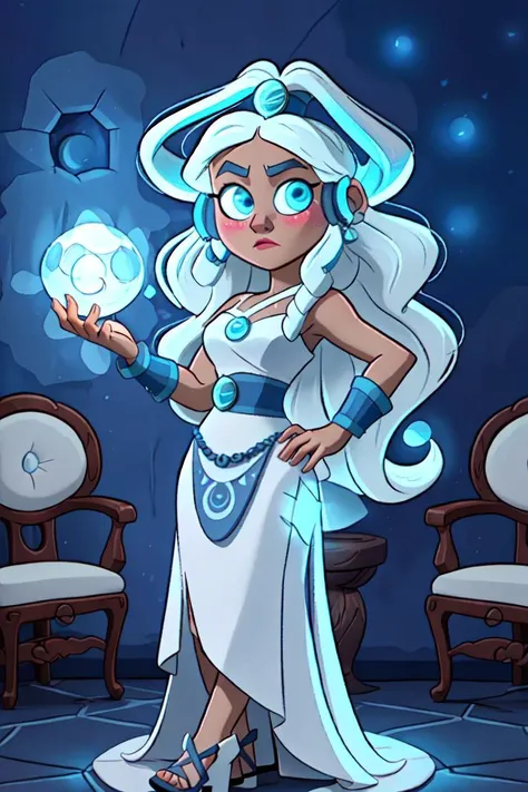 (princess yue:1.2), white hair, (girl glowing with a white aura, blue magic wisps surrounding her:1.5), (hair down, long hair, flowing hair, floating hair), light blue belt with long ribbons, blue eyes, tan skin, dark skin, (white moon goddess dress, goddess dress, white dress, floor length dress, long dress:1.5), flowy dress, glowing aura, moon behind her, moon and stars background, (realistic:1.2), (masterpiece:1.2), (full-body-shot:1),(Cowboy-shot:1.2), neon lighting, dark romantic lighting, (highly detailed:1.2),(detailed face:1.2), (gradients), colorful, detailed eyes, (detailed landscape:1.2), (natural lighting:1.2),(detailed background), detailed landscape, (shy pose:1.2), (solo, one person, one subject:1.5), (close up:1.2), <lora:yue:0.7> <lora:add_detail:0.15> <lora:hipoly3DModelLora_v10:0.05> <lora:RSERomantic_RSESofiko_RSEEmma-v1:0.1> <lora:BeautifulEyes:0.65> <lyco:coloredSkin-08:0.3>