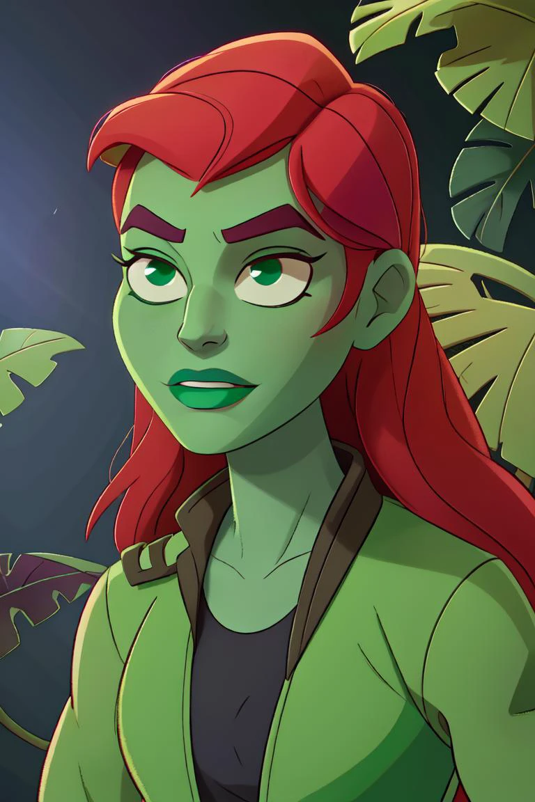 (poisonivy, Poison Ivy:1.0), (side parted long red hair, green skin, green eyes, green lips), white tank top, black jacket, dark green pants with plant details, black high heels, plants, leaves, flowers, (full-body-shot:1), (Cowboy-shot:1.2),neon lighting, dark romantic lighting, (highly detailed:1.2),(detailed face:1.2), (gradients), colorful, detailed eyes, (detailed landscape:1.2), (natural lighting:1.2),(detailed background),detailed landscape, (cute pose:1.2), <lora:poisonivy-10 (1):0.55> <lora:add_detail:0.05> <lora:hipoly3DModelLora_v10:0.05> <lora:RSERomantic_RSESofiko_RSEEmma-v1:0.1> <lyco:coloredSkin-08:0.5>