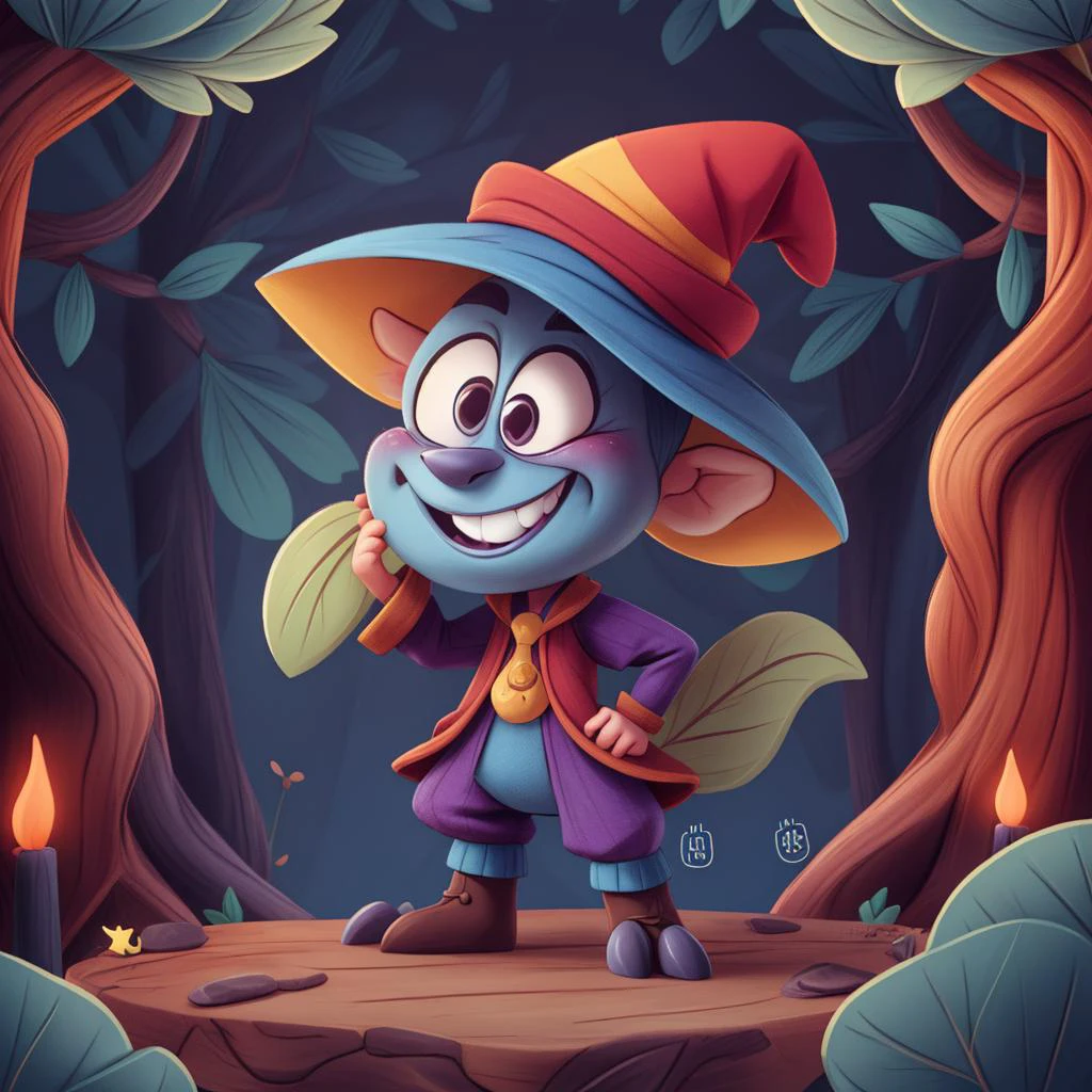 Fantasy Creature: <lora:add_detail:1>detailed expressive eyes, fantasy style, the dizzy slobberfairy, a mischievous monster, often donning a jester's hat and perpetually grinning, jibberflanges along a slomspiggeled path in a gnarled blongspivelled forest of giant proptimating hompf, not even caring about the sylvified clouds above, 3D Pixar style