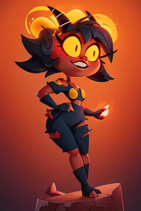 ( hbmillie:1), (black hair), (red skin, demon, imp:1.2), (yellow eyes, glowing yellow eyes, demon eyes, yellow sclera:1.2), (demon girl, colored skin, red skin, horns, colored sclera, yellow sclera, tail, torn clothes, off-shoulder shirt, fingerless gloves), (realistic:1.2), (masterpiece:1.2), (full-body-shot:1),(Cowboy-shot:1.2), hell background, hell, imp, magical neon lighting, dark romantic lighting, (highly detailed:1.2),(detailed face:1.2), (gradients), colorful, detailed eyes, (detailed landscape:1.2), (natural lighting:1.2),(detailed background),detailed landscape, (dynamic pose:1.2), close shot, solo, <lora:helluvaboss_millie-11:0.99> <lora:add_detail:0.3> <lora:hipoly3DModelLora_v10:0.05> <lora:RSERomantic_RSESofiko_RSEEmma-v1:0.1>