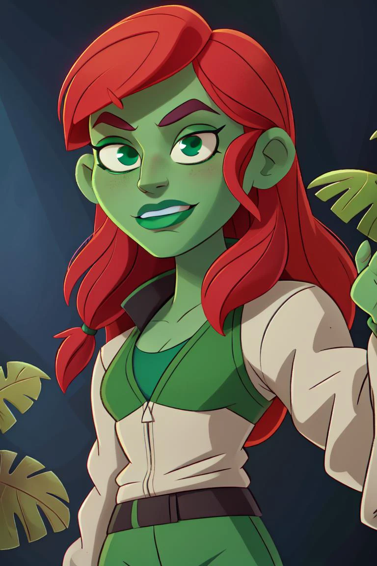 (poisonivy, Poison Ivy:1.0), (side parted long red hair, green skin, green eyes, green lips), white tank top, black jacket, dark green pants with plant details, black high heels, plants, leaves, flowers, (full-body-shot:1), (Cowboy-shot:1.2),neon lighting, dark romantic lighting, (highly detailed:1.2),(detailed face:1.2), (gradients), colorful, detailed eyes, (detailed landscape:1.2), (natural lighting:1.2),(detailed background),detailed landscape, (cute pose:1.2), <lora:poisonivy-10 (1):0.55> <lora:add_detail:0.05> <lora:hipoly3DModelLora_v10:0.05> <lora:RSERomantic_RSESofiko_RSEEmma-v1:0.1> <lyco:coloredSkin-08:0.5>