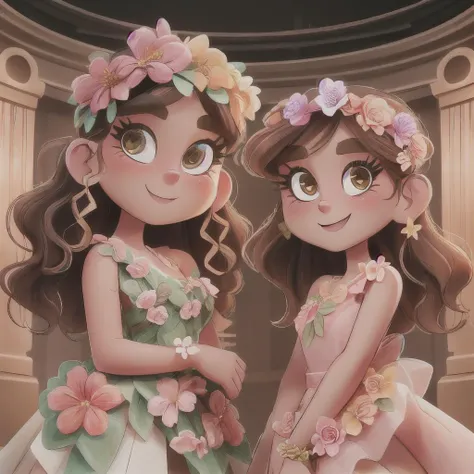 2girls,on stage,in front of a crowd,<lora:edgYSL1999>,edgYSL,wearing edgYSL,floral gown,dress,dress made of flowers,posing for the crowd,opera theater,classical theater,stage props,smile,