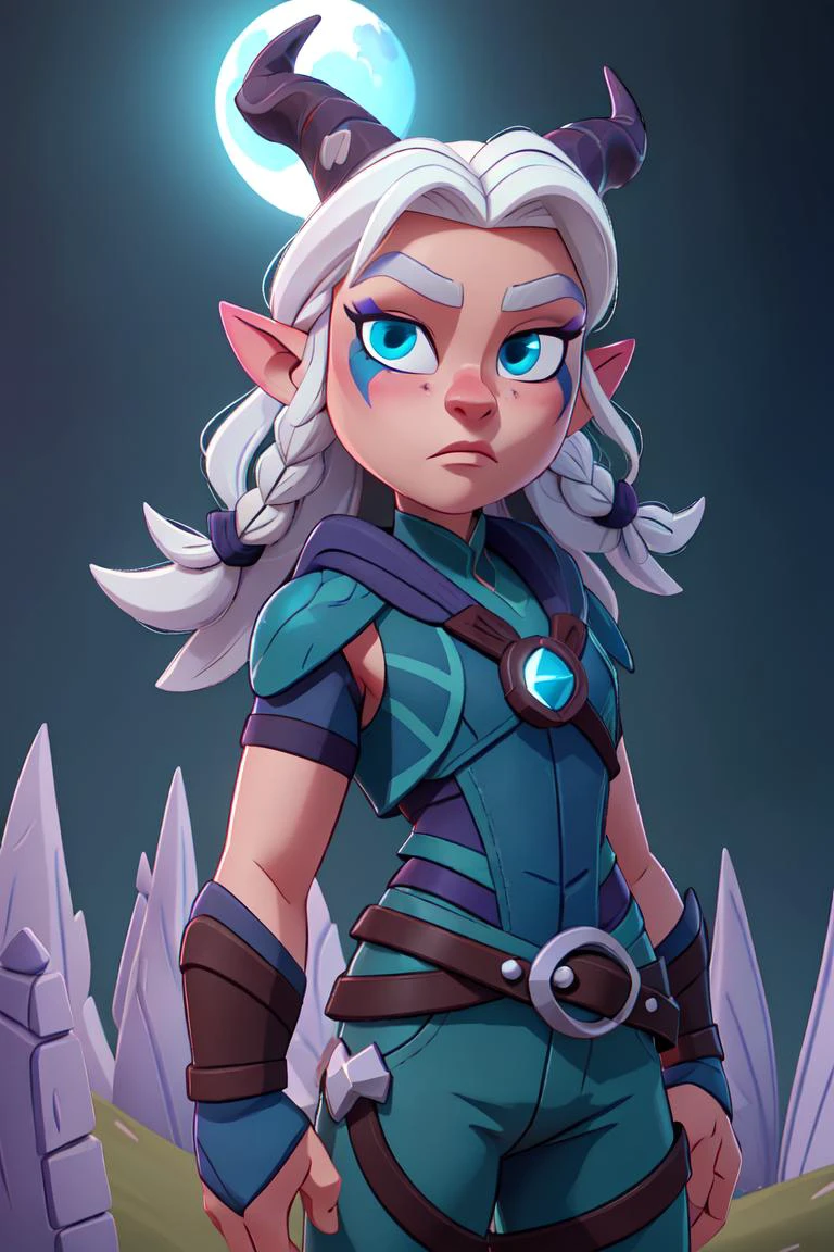 (rayla:1.2), assassin, green and black warrior suit, brown belt, dagger holster, (horns, blue eyes, purple makeup, white hair, braids in hair:1.2), (realistic:1.2), (masterpiece:1.2), (full-body-shot:1),(Cowboy-shot:1.2), night time, moon in sky, dark outside, dark lighting, magical background, magical forest, neon lighting, dark romantic lighting, (highly detailed:1.2),(detailed face:1.2), (gradients), colorful, detailed eyes, (detailed landscape:1.2), (natural lighting:1.2),(detailed background),detailed landscape, (defensive pose:1.2), solo, <lora:thedragonprince_rayla-10:0.5> <lora:add_detail:0.3> <lora:hipoly3DModelLora_v10:0.05> <lora:RSERomantic_RSESofiko_RSEEmma-v1:0.1>