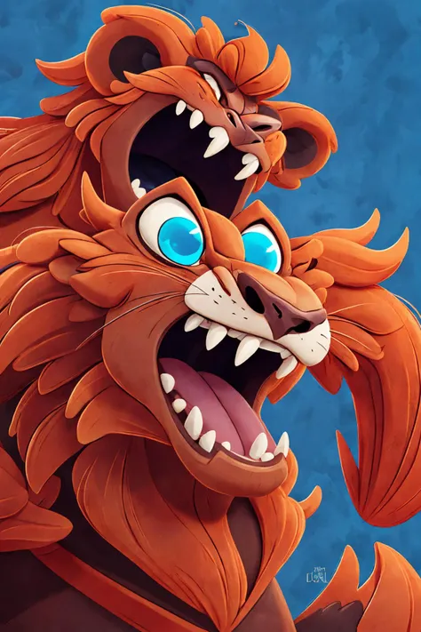 close-up photo portrait of a great red lion, blue eyes, very long lion's mane, roaring, open mouth, fangs, animal, no humans, simple background