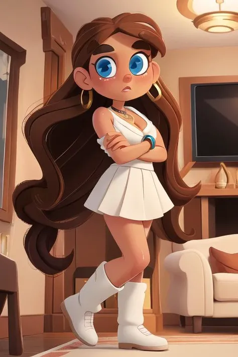 long hair, brown hair, brown eyes, scarf, solo, 1girl, cleavage, shoulderless blouse, white socks, black boots, skirt, eye shadow, looking at viewer, kneehighs, parted lips, jewelry, necklace, living room,