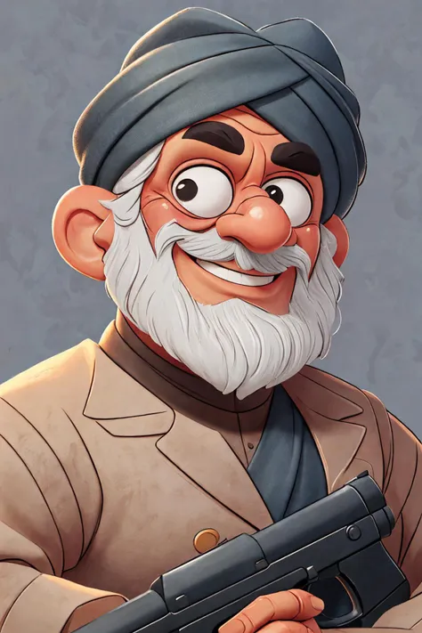 close-up photo portrait of a 80 yo aged Arab man, short grey hair, beard, black eyes, joyful face expression, turban, holding ak-47, military, simple background