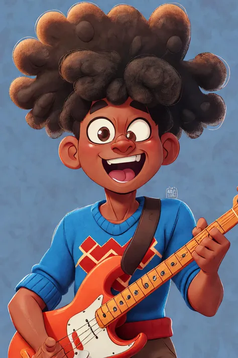 close-up photo portrait of a 45 yo african man, black afro hair, stubble, brown eyes, excited face expression, singing, red bass guitar, blue sweater, black bluesman, simple background