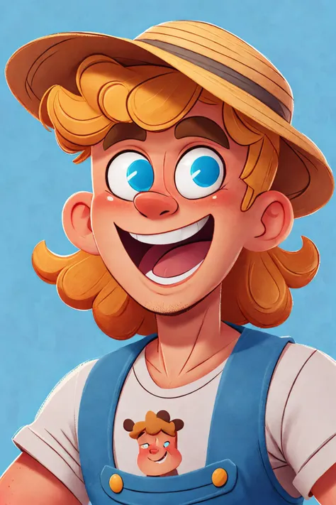 close-up photo portrait of a 20 yo european man, blond short curly hair, blue eyes, laughing face expression, freckles, denim overall, t-shirt, straw hat, farmer, simple background