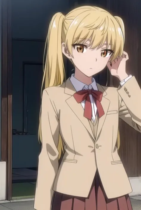 erisawachika, <lora:eri sawachika s2-lora-nochekaiser:1>,
eri sawachika, long hair, (yellow hair:1.5), twintails, (brown eyes:1.5),
BREAK skirt, long sleeves, school uniform, pleated skirt, red skirt, shirt, collared shirt, white shirt, blazer, (light brown blazer:1.5), neckerchief, red neckerchief,
BREAK indoors, classroom,
BREAK looking at viewer, (cowboy shot:1.5),
BREAK <lyco:GoodHands-beta2:1>, (masterpiece:1.2), best quality, high resolution, unity 8k wallpaper, (illustration:0.8), (beautiful detailed eyes:1.6), extremely detailed face, perfect lighting, extremely detailed CG, (perfect hands, perfect anatomy),