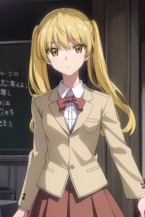 erisawachika, <lora:eri sawachika s2-lora-nochekaiser:1>,
eri sawachika, long hair, (yellow hair:1.5), twintails, (brown eyes:1.5),
BREAK skirt, long sleeves, school uniform, pleated skirt, red skirt, shirt, collared shirt, white shirt, blazer, (light brown blazer:1.5),
BREAK indoors, classroom,
BREAK looking at viewer, (cowboy shot:1.5),
BREAK <lyco:GoodHands-beta2:1>, (masterpiece:1.2), best quality, high resolution, unity 8k wallpaper, (illustration:0.8), (beautiful detailed eyes:1.6), extremely detailed face, perfect lighting, extremely detailed CG, (perfect hands, perfect anatomy),