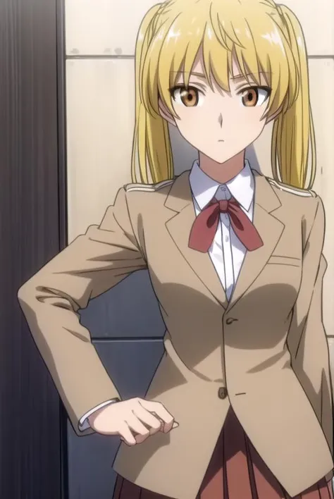 erisawachika, <lora:eri sawachika s2-lora-nochekaiser:1>,
eri sawachika, medium hair, (yellow hair:1.5), twintails, (brown eyes:1.5),
BREAK skirt, long sleeves, school uniform, pleated skirt, red skirt, shirt, collared shirt, white shirt, blazer, (light brown blazer:1.5), neckerchief, red neckerchief,
BREAK indoors, classroom,
BREAK looking at viewer, (cowboy shot:1.5),
BREAK <lyco:GoodHands-beta2:1>, (masterpiece:1.2), best quality, high resolution, unity 8k wallpaper, (illustration:0.8), (beautiful detailed eyes:1.6), extremely detailed face, perfect lighting, extremely detailed CG, (perfect hands, perfect anatomy),