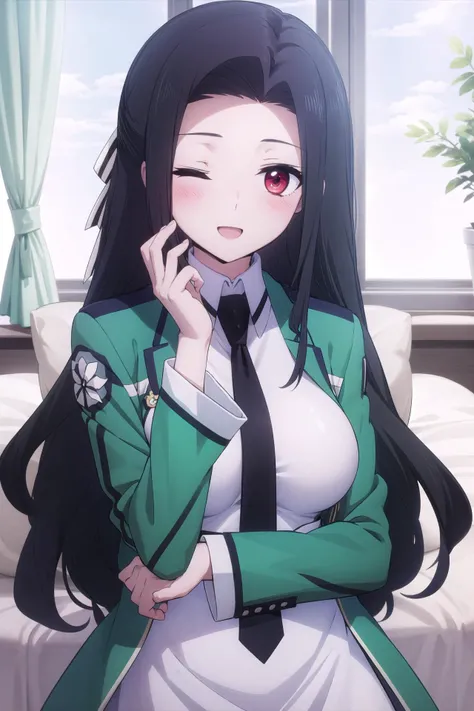 1girl, solo, masterpiece, best quality,
      <lora:mayumi-mahouka:0.8>,
        mahouka koukou no rettousei, saegusa mayumi, mayumi saegusa, red eyes, tareme, black hair, long hair, wavy hair, curtained bangs, sidelocks, hair bow, white bow, forehead, first high school uniform, dress, white dress, collared dress, pencil dress, necktie, black necktie, short necktie, jacket, green jacket, cropped jacket, open jacket, long sleeves, large breasts,
        upper body, lying, looking at viewer, on back, on bed,
        blush, smile, one eye closed, ;o, open mouth,
        bed sheet