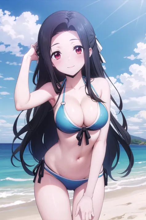 (((one girl))), dark blue eyes, long hair, A beautiful girl is on the beach, 25 years old, masterpiece, High contrast, (((black bikini))), big breasts, (high quality :1.5), black hair, (((shy pose, smile)), blush, Tall body, mature woman, outdoors, mature face, ((high resolution)), ((beach, empty beach)), ((portrait view)), ((sexy woman, seductive)),