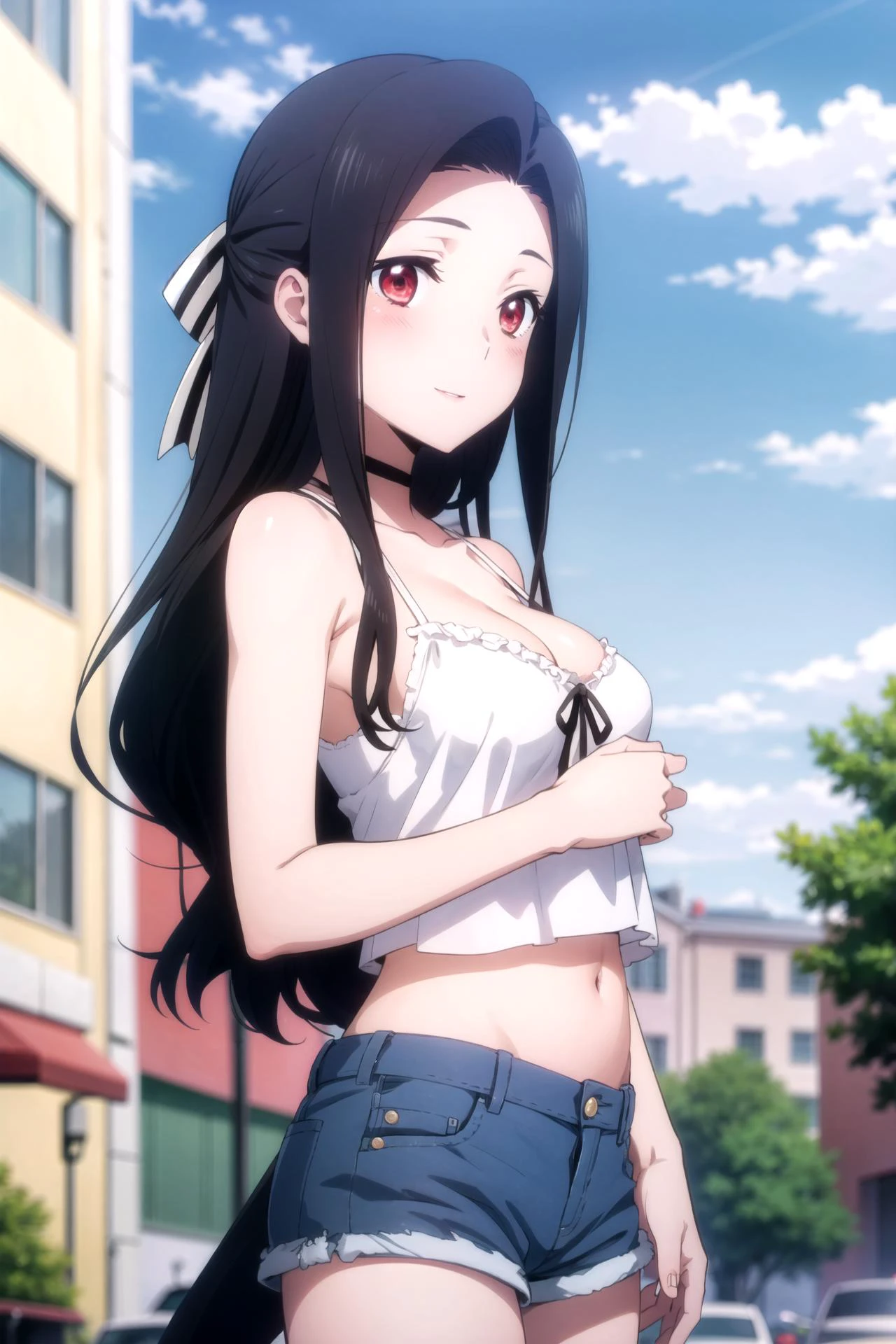 1girl, solo, masterpiece, best quality,
<lora:mayumi-mahouka:0.8>,
mahouka koukou no rettousei, saegusa mayumi, mayumi saegusa, red eyes, tareme, black hair, long hair, wavy hair, curtained bangs, sidelocks, hair bow, white bow, forehead, camisole, (blue camisole:1.2), crop top, skindentation, collarbone, bare arms, cleavage, large breasts, midriff, navel, shorts, denim shorts, thighhighs,
heart hands,
cowboy shot, looking at viewer,
blush, smile, parted lips, profile,
outdoors, city