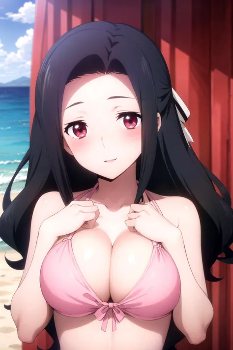 Chitanda El,Big Breasts,Confused expression,blush,Black Swimsuit,Sandy Beach,Beach parasol,Purple Eyes,Black Hair,long hair,Cover your mouth with both hands,