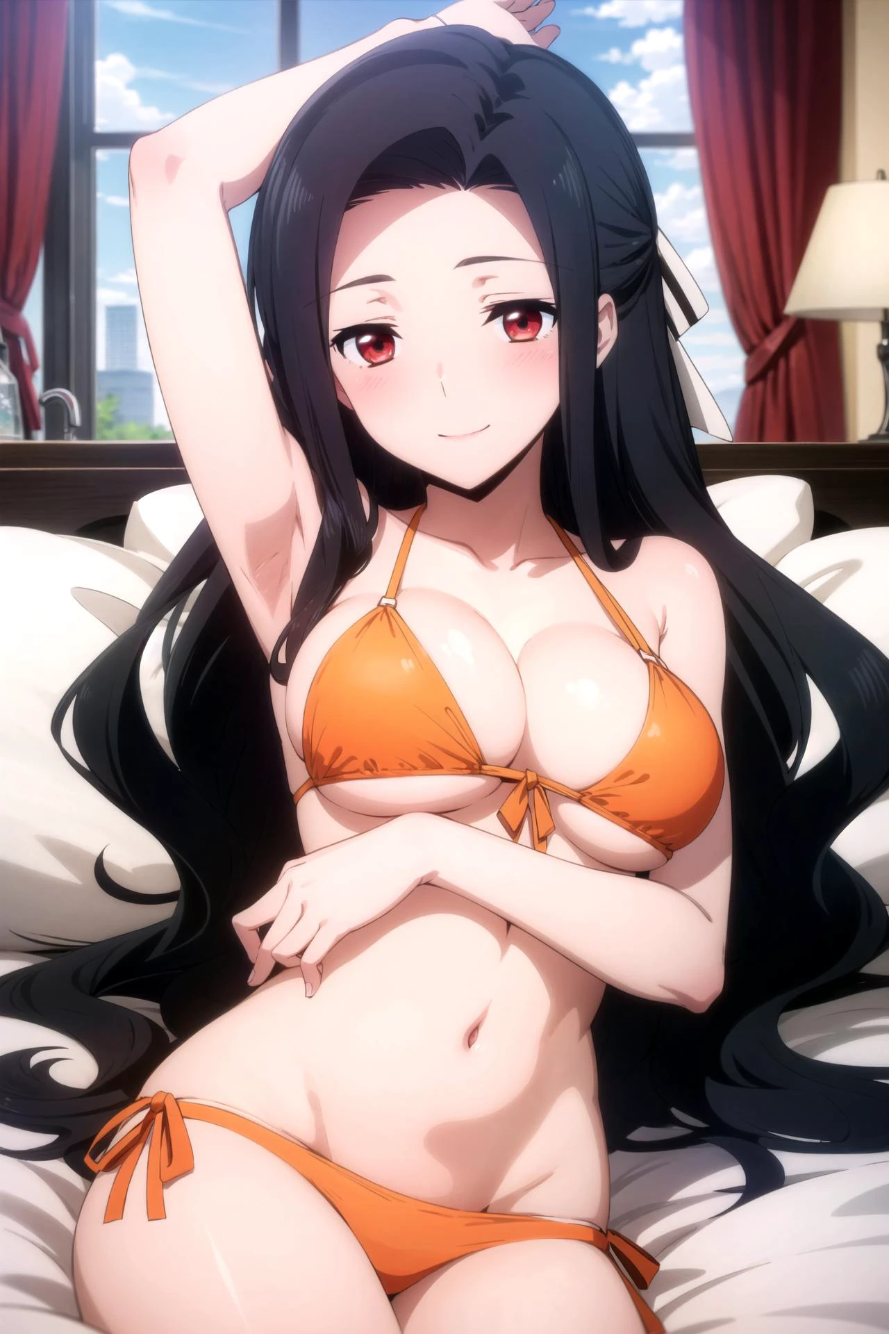 1girl, solo, masterpiece, best quality,
<lora:mayumi-mahouka:0.8>,
mahouka koukou no rettousei, saegusa mayumi, mayumi saegusa, red eyes, tareme, black hair, long hair, wavy hair, curtained bangs, sidelocks, hair bow, white bow, forehead, bikini, skindentation, collarbone, bare arms, cleavage, (orange bikini:1.2), large breasts,
portrait, lying, looking at viewer, on back, on bed,
blush, smile, half-closed eyes,
bed sheet