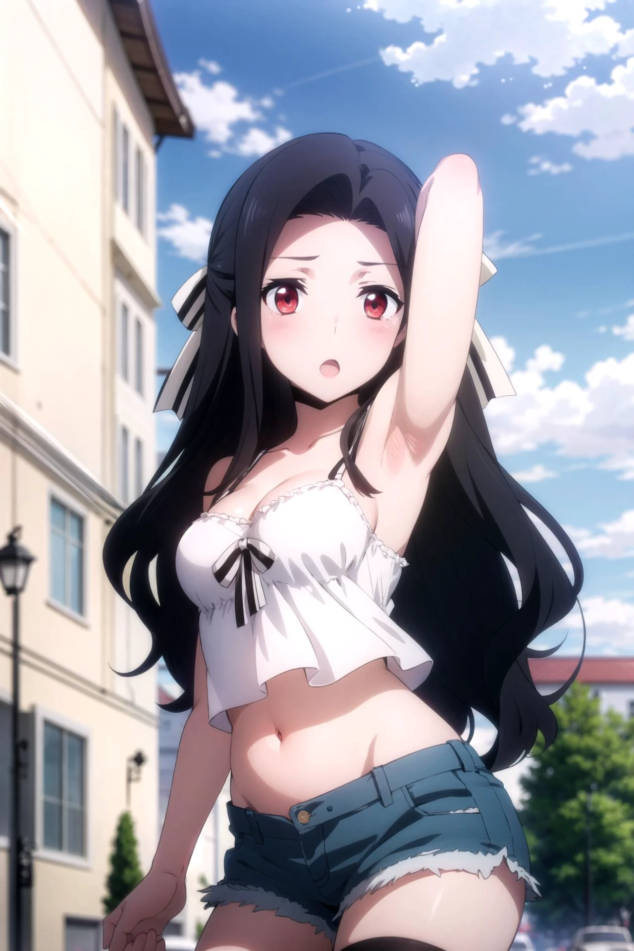 1girl, solo, masterpiece, best quality,
<lora:mayumi-mahouka:0.8>,
mahouka koukou no rettousei, saegusa mayumi, mayumi saegusa, red eyes, tareme, black hair, long hair, wavy hair, curtained bangs, sidelocks, hair bow, white bow, forehead, camisole, (black camisole:1.2), crop top, skindentation, collarbone, bare arms, cleavage, large breasts, midriff, navel, shorts, denim shorts, thighhighs,
arm up, armpits,
cowboy shot, looking at viewer,
blush, surprised, :o, open mouth, !,
outdoors, city