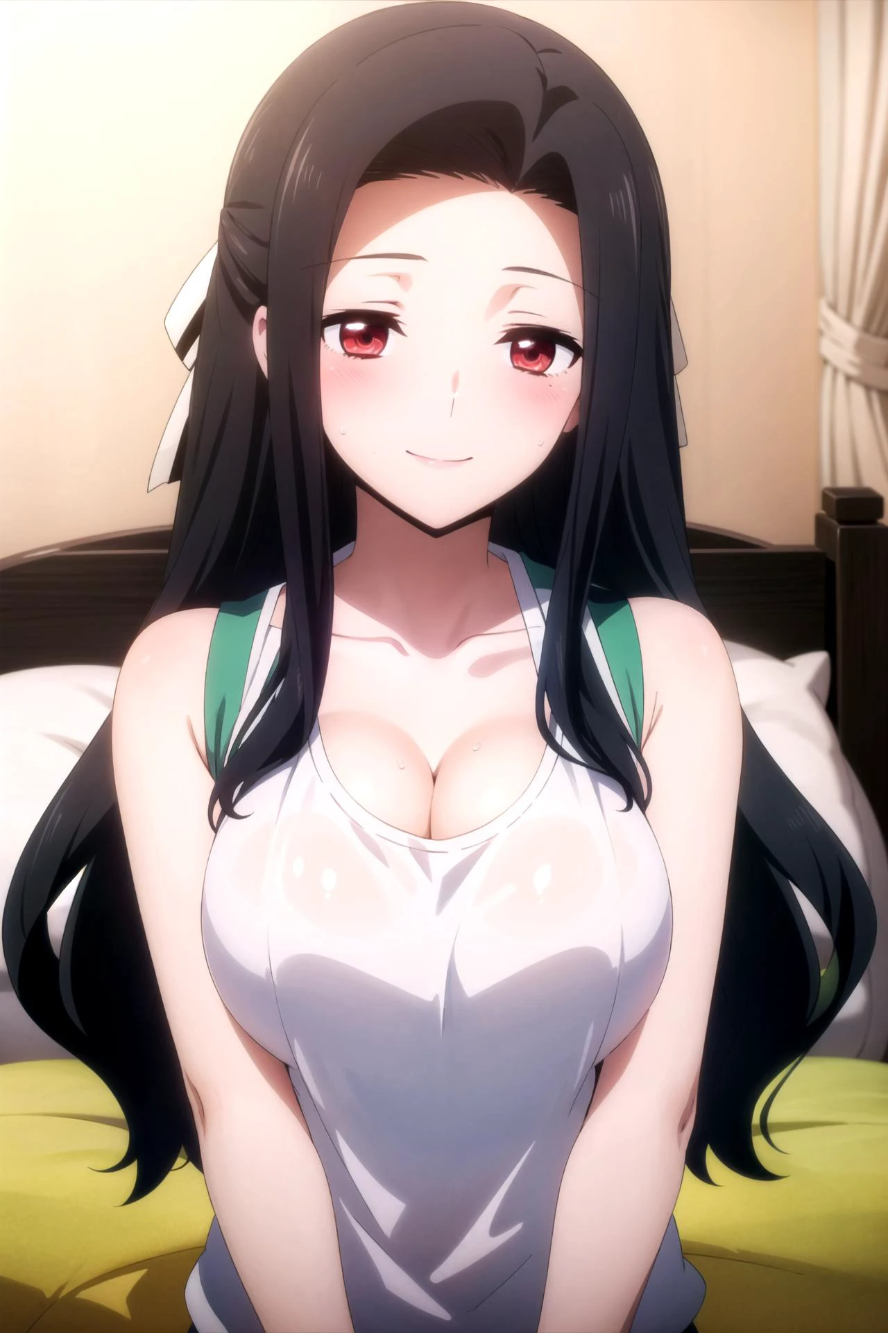1girl, solo, masterpiece, best quality,
<lora:mayumi-mahouka:0.8>,
sweat, mahouka koukou no rettousei, saegusa mayumi, mayumi saegusa, red eyes, tareme, black hair, long hair, wavy hair, curtained bangs, sidelocks, hair bow, white bow, forehead, gym uniform, gym shirt, white shirt, sleeveless, sleeveless shirt, collarbone, bare arms, cleavage, taut clothes, large breasts,
upper body, lying, looking at viewer, on back, on bed,
blush, naughty face, smile, half-closed eyes,
bed sheet, pillow