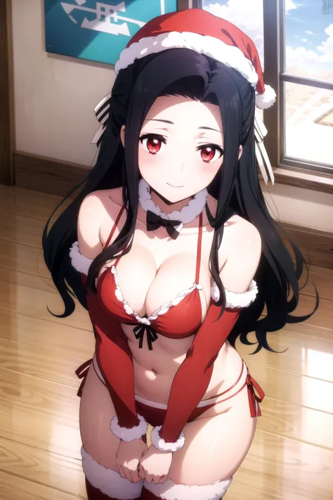 1girl, solo, masterpiece, best quality,
      <lora:mayumi-mahouka:0.8>,
          santa costume, santa hat, fur trim, fur-trimmed headwear, detached sleeves, mahouka koukou no rettousei, saegusa mayumi, mayumi saegusa, red eyes, tareme, black hair, long hair, wavy hair, curtained bangs, sidelocks, hair bow, white bow, forehead, santa bikini, red bikini, fur collar, fur-trimmed bikini, bare shoulders, cleavage, large breasts, red thighhighs, breasts,
          cowboy shot, leaning forward, v arms, from above, looking up, looking at viewer,
          blush, seductive smile,
          indoors, floor