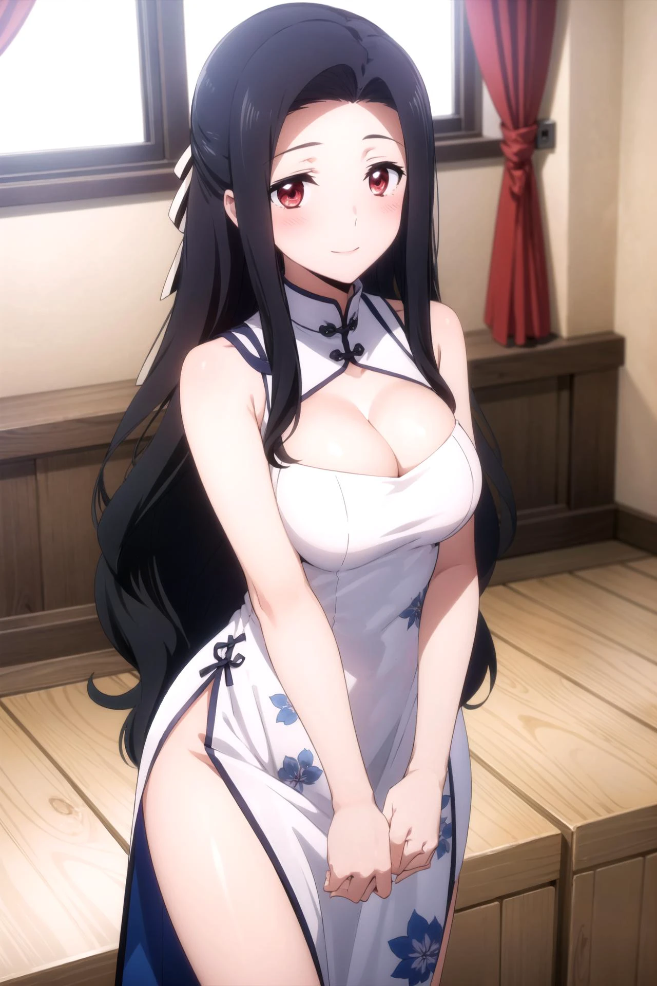 1girl, solo, masterpiece, best quality,
<lora:mayumi-mahouka:0.8>,
gold trim, floral print, mahouka koukou no rettousei, saegusa mayumi, mayumi saegusa, red eyes, tareme, black hair, long hair, wavy hair, curtained bangs, sidelocks, hair bow, white bow, forehead, china dress, chinese clothes, clothing cutout, cleavage cutout, dress, sleeveless dress, sleeveless, bare shoulders, bare arms, cleavage, blue dress, large breasts, side slit, bare legs,
heart hands,
cowboy shot, looking at viewer,
blush, seductive smile,
indoors, window
