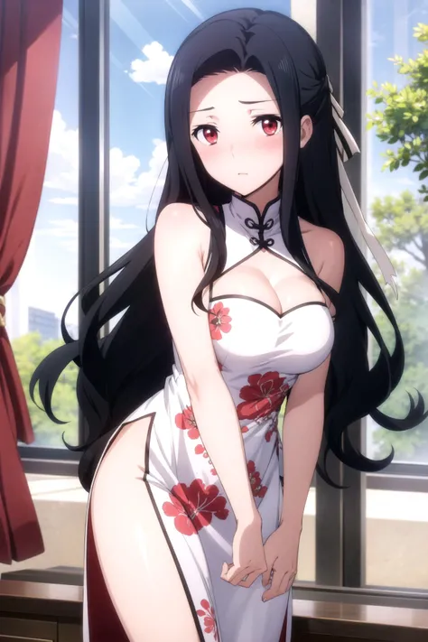 1girl, solo, masterpiece, best quality,
      <lora:mayumi-mahouka:0.8>,
          gold trim, floral print, mahouka koukou no rettousei, saegusa mayumi, mayumi saegusa, red eyes, tareme, black hair, long hair, wavy hair, curtained bangs, sidelocks, hair bow, white bow, forehead, china dress, chinese clothes, clothing cutout, cleavage cutout, dress, sleeveless dress, sleeveless, bare shoulders, bare arms, cleavage, white dress, large breasts, side slit, bare legs,
          v,
          cowboy shot, looking at viewer,
          blush, nose blush, confused, ?,
          indoors, window