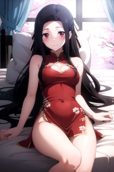 a sexy woman, (best quality), (masterpiece), (1girl), slim, anime, (flat chested), (chinese dress), (lying down), (protrait), (naked legs)
