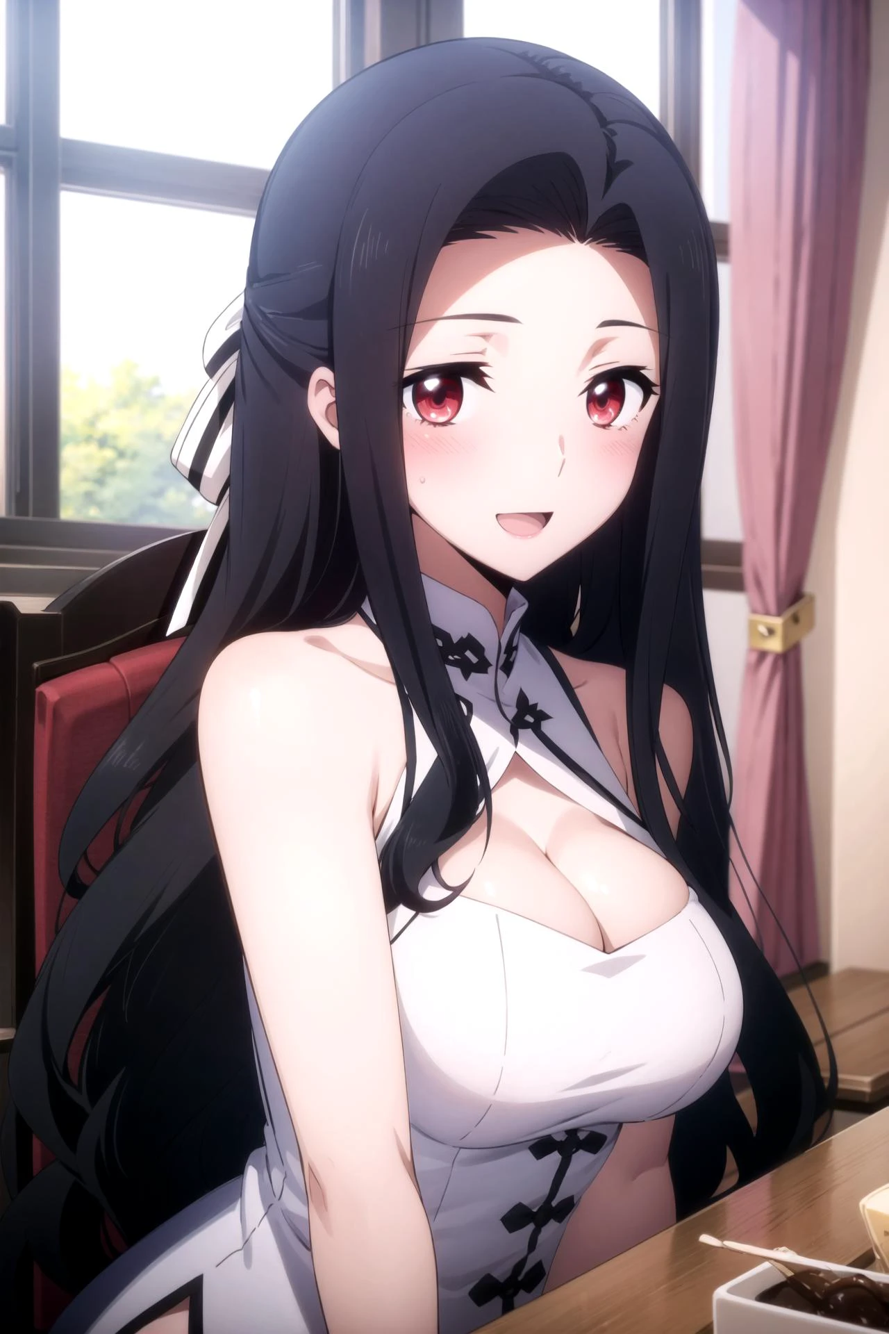 1girl, solo, masterpiece, best quality,
<lora:mayumi-mahouka:0.8>,
gold trim, dragon print, mahouka koukou no rettousei, saegusa mayumi, mayumi saegusa, red eyes, tareme, black hair, long hair, wavy hair, curtained bangs, sidelocks, hair bow, white bow, forehead, china dress, chinese clothes, clothing cutout, cleavage cutout, dress, sleeveless dress, sleeveless, bare shoulders, bare arms, cleavage, black dress, large breasts,
reaching towards viewer,
upper body, looking at viewer,
blush, smile, :d, open mouth,
indoors, window