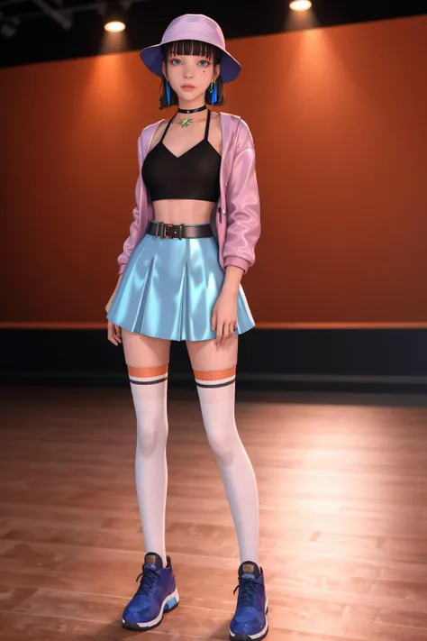 8K,highres,absurdres,masterpiece,best quality,original,extremely detailed CG,extremely detailed wallpaper,perfect lighting,<lyco:GoodHands-beta2:1>,1girl,blurry_background,looking_at_viewer,standing on the stage,
<lora:jyanme v1:0.5>,jyanme,blue skirt,white thighhighs,rounded hat,pink jacket,belt,black crop top,pleated skirt,sticker,see-through,open clothes,choker,blue hat,earrings,wristband,