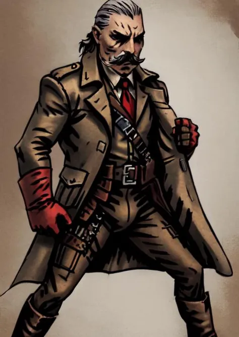 masterpiece, best quality, Metal Gear Solid, slick backed hair(white), mustache(white), Revolver Ocelot, brown duster, brown pants, red gloves, red tie, cowboy boots, bandolier, hip holster, full body, ((revolver)) <lora:DarkestDungeon_hard:0.8>, <lora:yojiShinkawaStyle_offset:0.6>