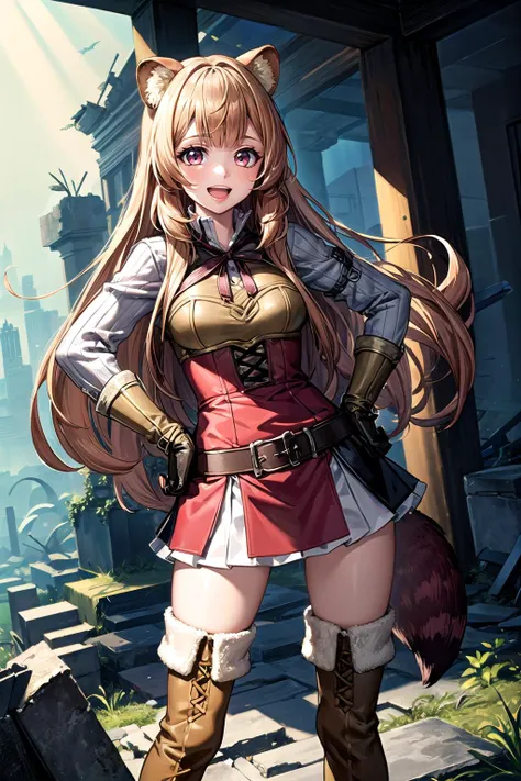 (best quality,ultra-detalhado),(Realistic) Raphtalia, attractive 25 year old woman, orejas de oso, cabello naranja brillante, detailed ruby red eyes pechos grandes, (anime),(retrato),(vermelho e branco),(clear lighting),(armaduras e armas detalhadas), (fierce expression),(Intensa cena de batalha, action-packed),(fantasia),(Olhos determinados),(flowing hair),(dynamic pose),(sharp focus),(vivid colors),(magic effects),(heroic),(epics),(emocional),(cativante),(master part:1.2), full body,
