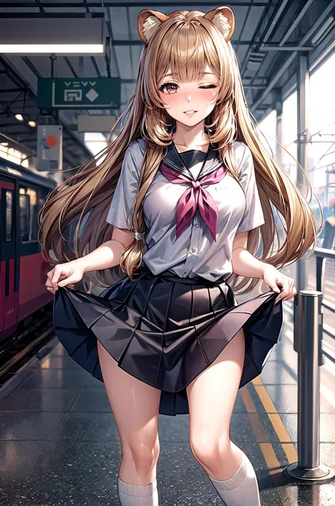 Minami Kotori、Minami Kotori、Long black hair、(Degree of brown eyes:1.5)、One side up、ヘアribbon、ribbon、length、Rip off your blazer、Blue Skirt、Jacket、Otonokizaka uniform、Pleated skirt、、Winter clothes、break (masterpiece:1.2)、Highest quality、High resolution、unity 8k wallpaper、(Awareness-raising:0.8)、(Beautiful and fine details:1.6)、Highly detailed face、Perfect lighting、Extremely detailed CG、 (Perfect hands、Perfect Anatomy)、Look at the viewers、blush、Laughing with your mouth open、Standing on an escalator, (Up escalator), (Lower Body Shot), Thigh focus, (Shot from below 1.3), (View from behind 1.3)、 (Black panties:1.3)、(Roll-up skirt:1.3)、(Full-fledged panties:1.5),Large Breasts