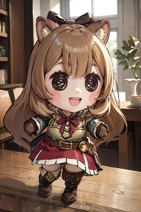masterpiece, best quality, absurdres, raphtalia, long sleeves, gloves, thigh boots, belt, smile, :d, indoors, <lora:shieldhero_raphtalia_v2-17:0.9>, <lora:style_beegsmol:1.1>, chibi