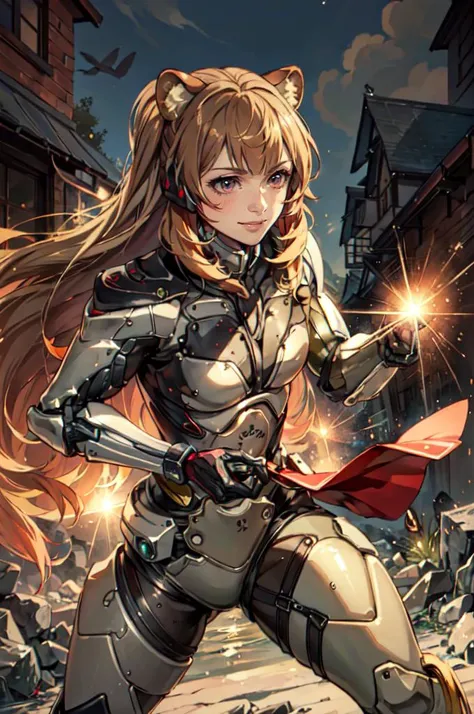 solo, light smile, <lora:shieldhero_raphtalia_v2:0.8> raphtalia, raccoon tail, <lora:samuel_rodrigues:0.8> samuel_rodrigues, armor, cyborg, fighting stance, ultra detailed, masterpiece, best quality, aesthetic, detailed,