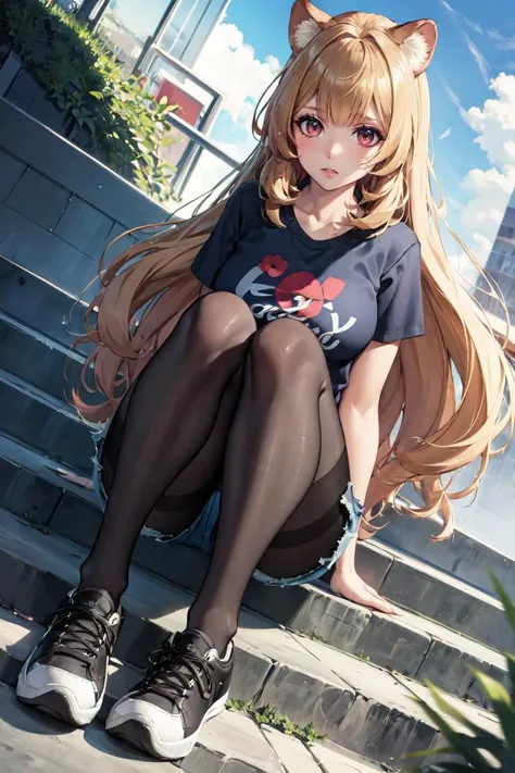 masterpiece, best quality, absurdres, raphtalia, graphic tee, denim shorts, pantyhose under shorts, sitting, stairs, outdoors, city, wide shot, dutch angle, sneakers, <lora:shieldhero_raphtalia_v2-17:0.9>