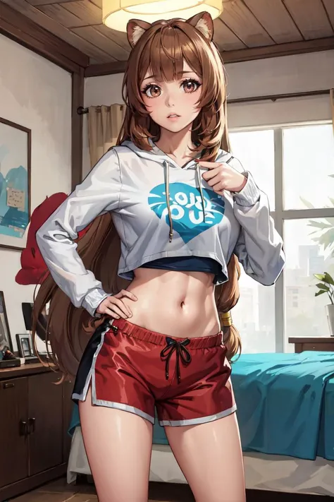 masterpiece, best quality, absurdres, raphtalia, brown hair, crop top overhang, loose clothes, hoodie, long sleeves, midriff, dolphin shorts, indoors, bedroom, blus, <lora:shieldhero_raphtalia_v2-17:0.9>