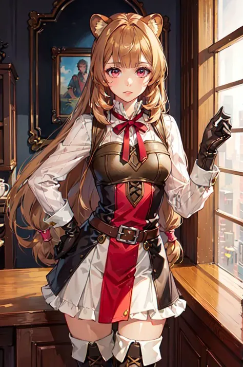 <lora:shieldhero_raphtalia_v2:0.8> raphtalia, raccoon tail, long sleeves, gloves, thigh boots, belt,, ultra detailed, masterpiece, best quality, aesthetic, detailed,