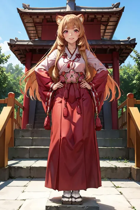 masterpiece, best quality, absurdres, raphtalia, japanese clothes, kimono, ribbon-trimmed sleeves, red hakama, skirt, hands on hips, stairs, from below, full body, wide shot, shrine, smile, <lora:shieldhero_raphtalia_v2-17:0.8>