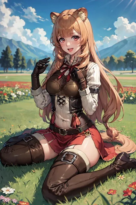 masterpiece, best quality, absurdres, raphtalia, raccoon tail, long sleeves, gloves, thigh boots, belt, smile, :d, flowers, field, on grass, wariza, <lora:shieldhero_raphtalia_v2-17:0.9>