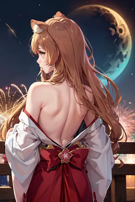 masterpiece, best quality, absurdres, raphtalia, aurora, back, bare back, bare shoulders, bow, constellation, crescent moon, (facing away:1.3), fireworks, from behind, hair ornament, japanese clothes, kimono, light particles, long sleeves, off shoulder, <lora:shieldhero_raphtalia_v2-17:0.9>