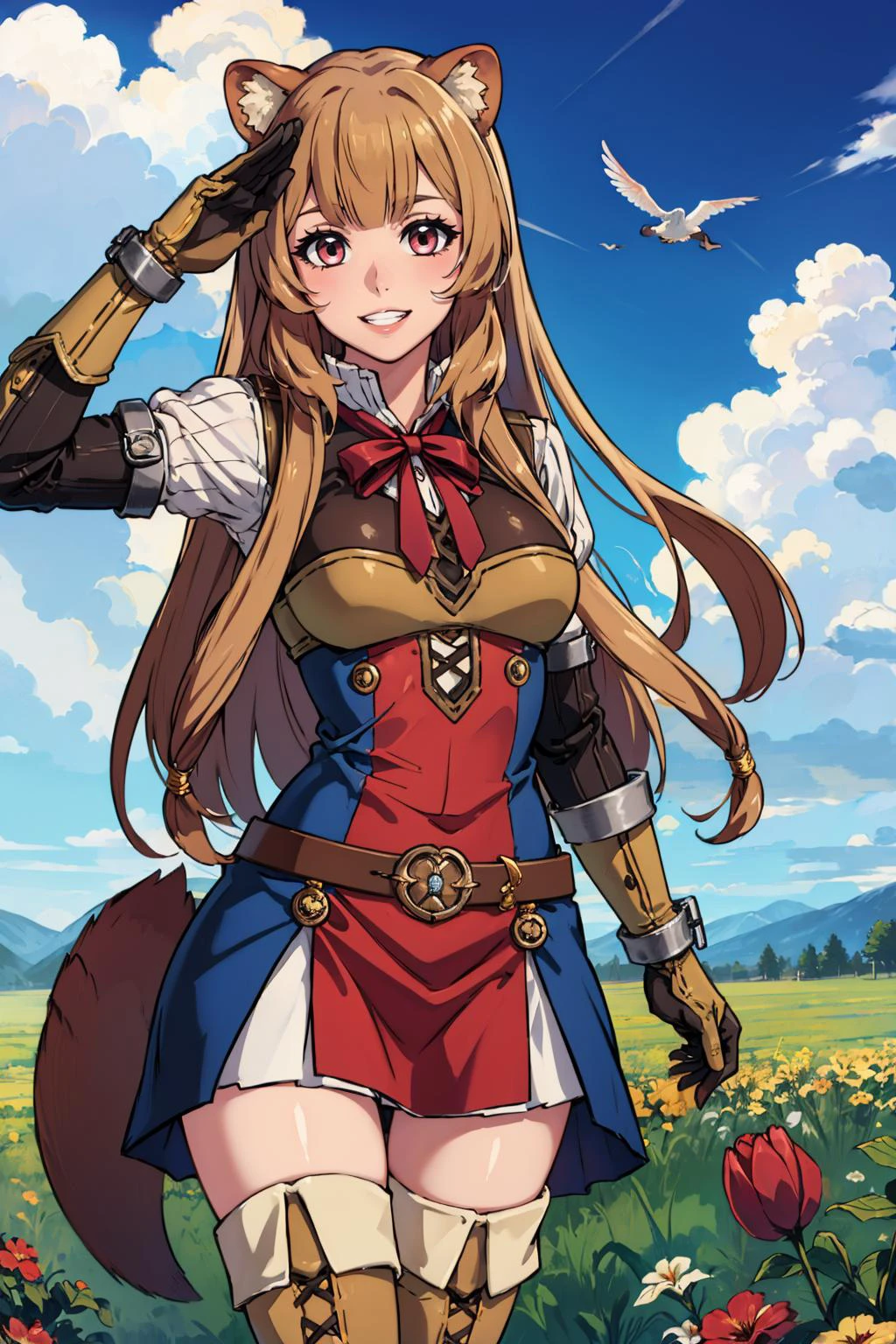 masterpiece, best quality, <lora:shieldhero_raphtalia_v2-17:0.9> raphtalia, raccoon tail, long sleeves, gloves, thigh boots, belt, cowboy shot, smile, salute, grin, field, sky, clouds