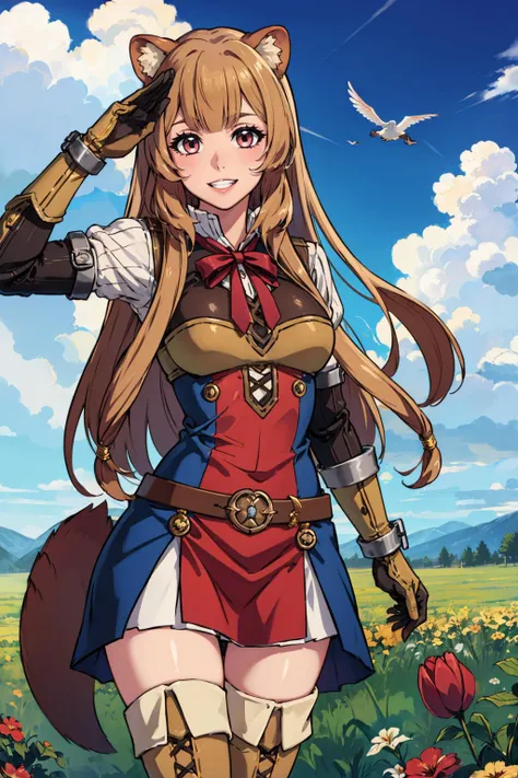 masterpiece, best quality,  <lora:shieldhero_raphtalia_v2-17:0.9> raphtalia, raccoon tail, long sleeves, gloves, thigh boots, belt, cowboy shot, smile, salute, grin, field, sky, clouds