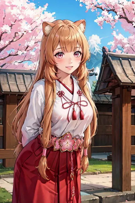 masterpiece, best quality, absurdres, raphtalia, japanese clothes, kimono, ribbon-trimmed sleeves, red hakama, skirt, arms behind back, leaning forward, smile, outdoors, sakura blossom, sakura tree, blush, <lora:shieldhero_raphtalia_v2-17:0.8>