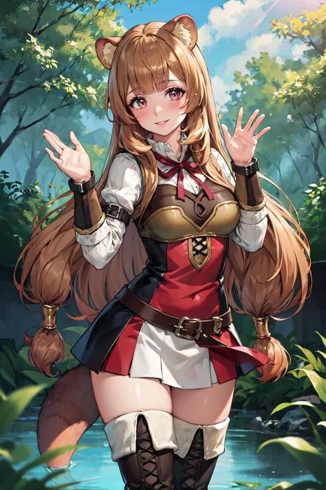 masterpiece, best quality, absurdres, raphtalia, raccoon tail, long sleeves, gloves, thigh boots, belt, waving at viewer, smile, blush, outdoors, forest, <lora:shieldhero_raphtalia_v2-17:0.9>
