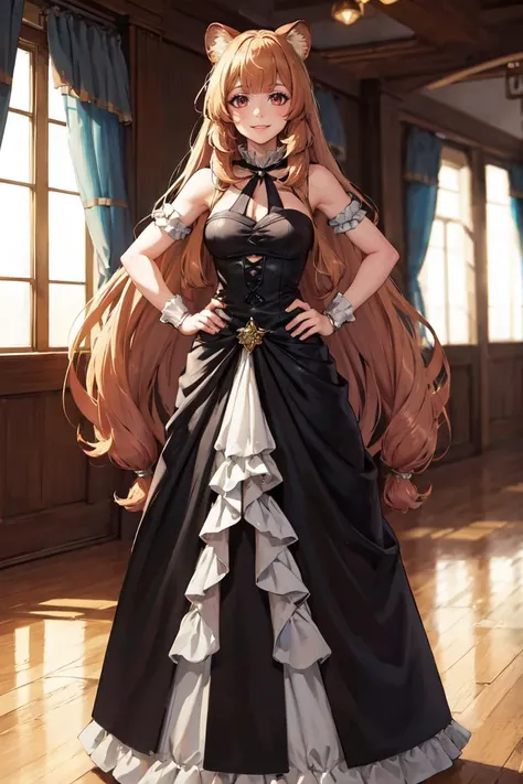 masterpiece, best quality, absurdres, raphtalia, elegant, long dress, black dress, halterneck, smile, indoors, palace, jewelry, standing, hands on hips, <lora:shieldhero_raphtalia_v2-17:0.9>